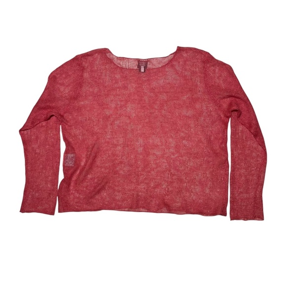 Eileen Fisher System Size Large Sweater Knit Fishnet Boxy Coral Red 100% Linen - Picture 4 of 7